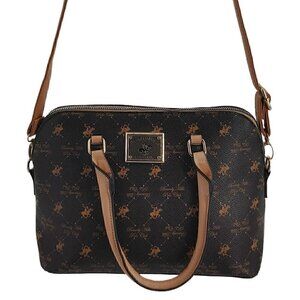 BEVERLY HILLS POLO CLUB Signature Logo Brown Tan PVC Canvas Satchel Crossbody